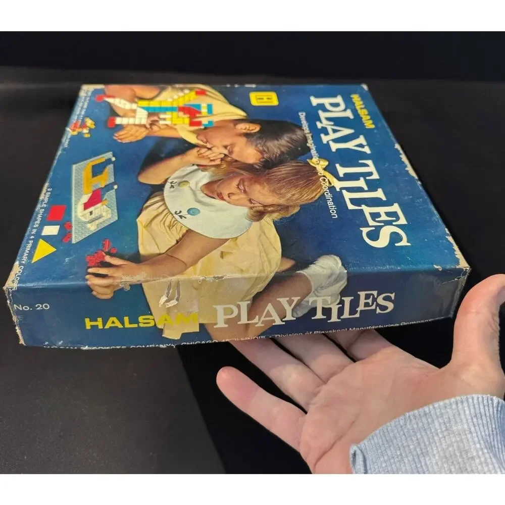 Vintage Halsam Play Tiles Plastic Peg Board Colored Pieces Picture Guide Box